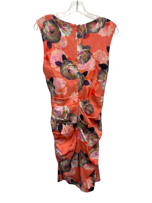 Nicole Miller Collection Size 12 Orange & Multi Linen Blend Floral Ruched Dress Orange & Multi / 12