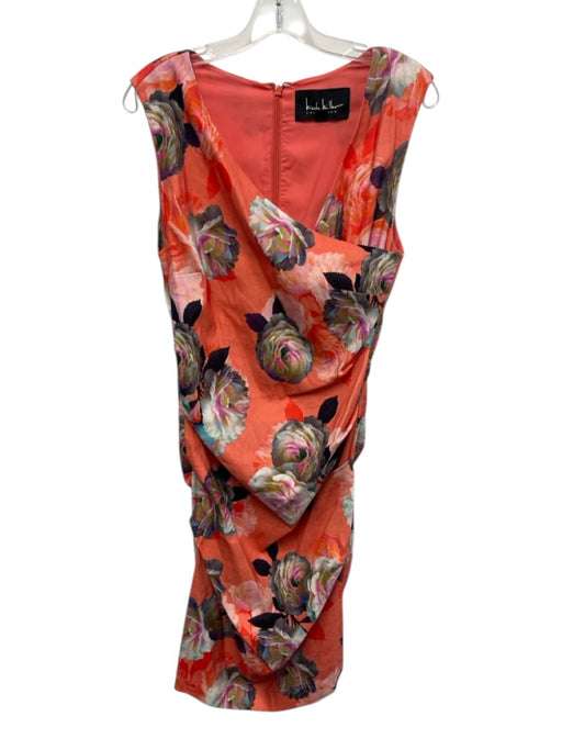 Nicole Miller Collection Size 12 Orange & Multi Linen Blend Floral Ruched Dress Orange & Multi / 12
