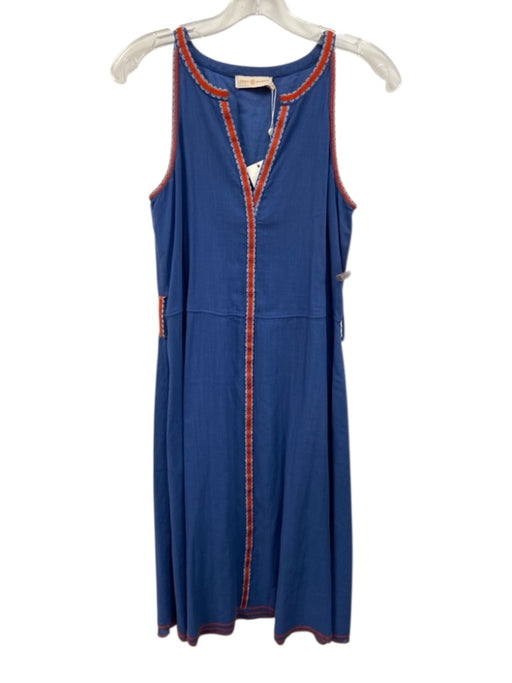 Tory Burch Size 0 Blue Cotton Blend V Neck Contrast Piping Sleeveless Dress Blue / 0