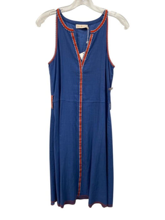 Tory Burch Size 0 Blue Cotton Blend V Neck Contrast Piping Sleeveless Dress Blue / 0