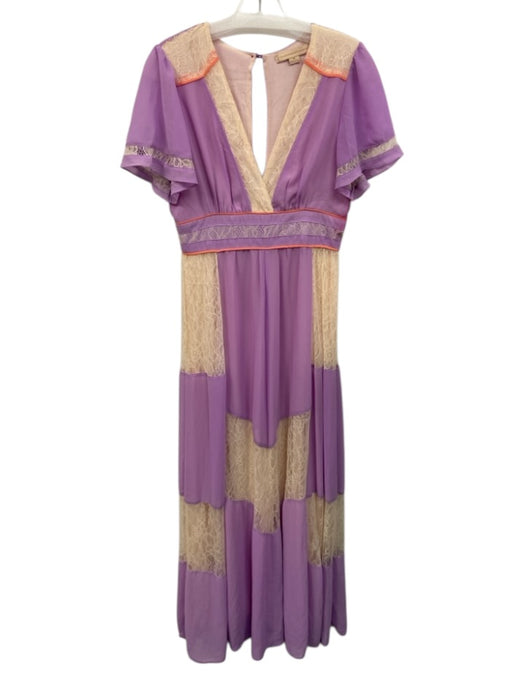 Champagne & Strawberry Size M Purple & Cream Polyester V Neck Lace Maxi Dress Purple & Cream / M
