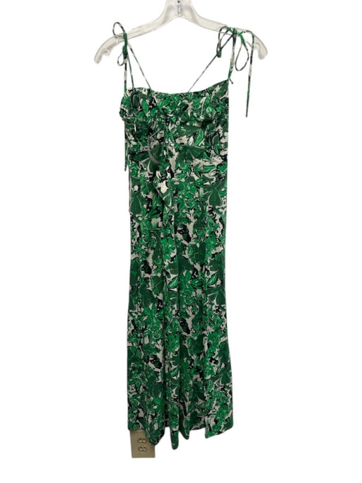 Free People Size 8 Green & White Linen Blend Tie Shoulder Printed Midi Dress Green & White / 8