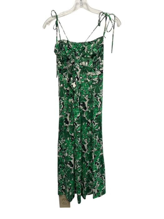 Free People Size 8 Green & White Linen Blend Tie Shoulder Printed Midi Dress Green & White / 8
