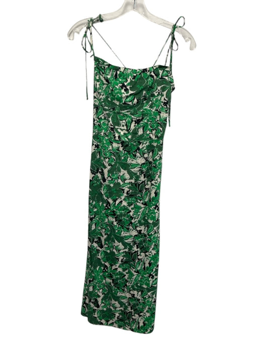 Free People Size 8 Green & White Linen Blend Tie Shoulder Printed Midi Dress Green & White / 8