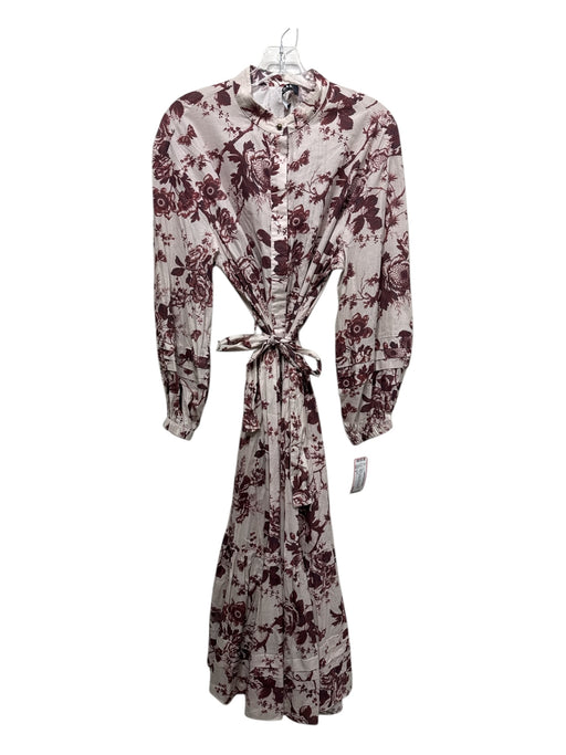 CAARA Size S Maroon & White Cotton Linen Blend Floral Long Sleeve Maxi Dress Maroon & White / S