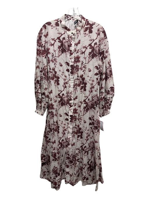 CAARA Size S Maroon & White Cotton Linen Blend Floral Long Sleeve Maxi Dress Maroon & White / S