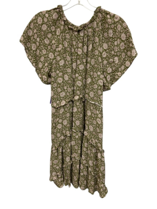 Anthropologie Size S Green & White Viscose Short Sleeve Floral V Neck Mini Dress Green & White / S