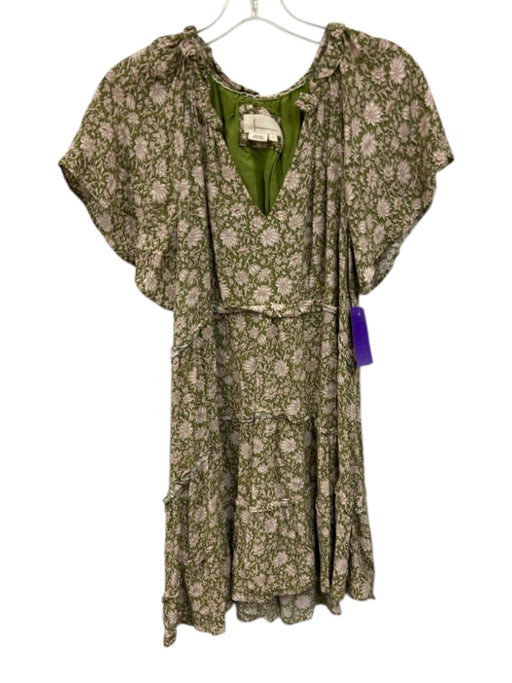 Anthropologie Size S Green & White Viscose Short Sleeve Floral V Neck Mini Dress Green & White / S