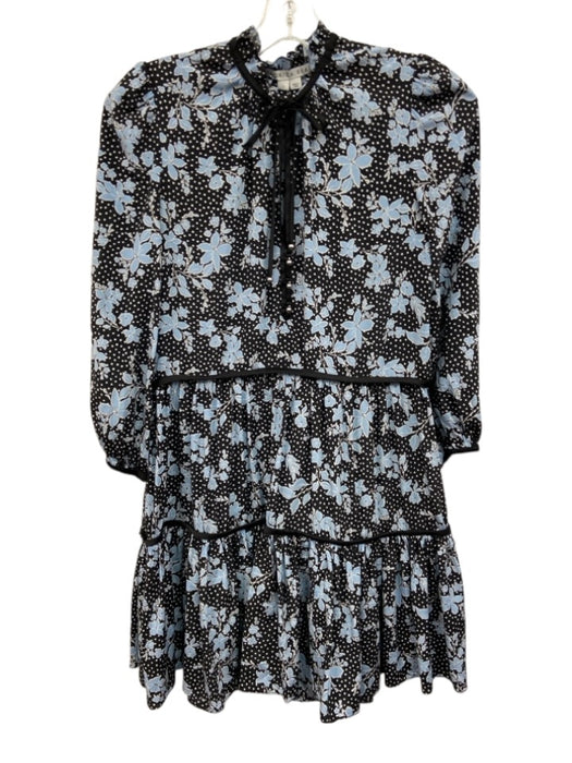 Veronica Beard Size 0 Blue, White, Black Long Sleeve Floral Piping Mini Dress Blue, White, Black / 0