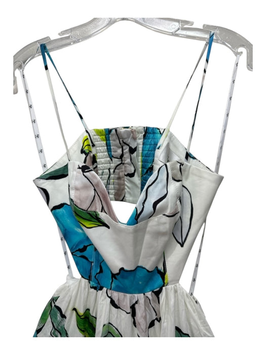 Aje. Size 6 White, Blue, Green Cotton Gathered painted floral Bustier Top Dress White, Blue, Green / 6