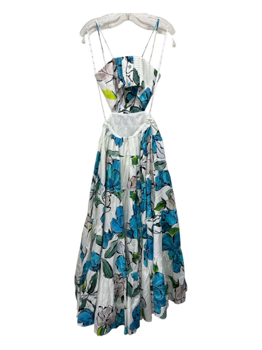 Aje. Size 6 White, Blue, Green Cotton Gathered painted floral Bustier Top Dress White, Blue, Green / 6