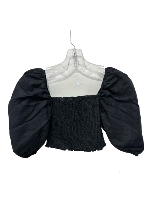 Reformation Size 2 Black Linen smocked Cropped Puff Sleeve Top Black / 2