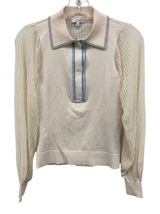 Reiss Size XS Cream White & Blue Viscose Blend Ribbed Knit Semi Sheer Polo Top Cream White & Blue / XS