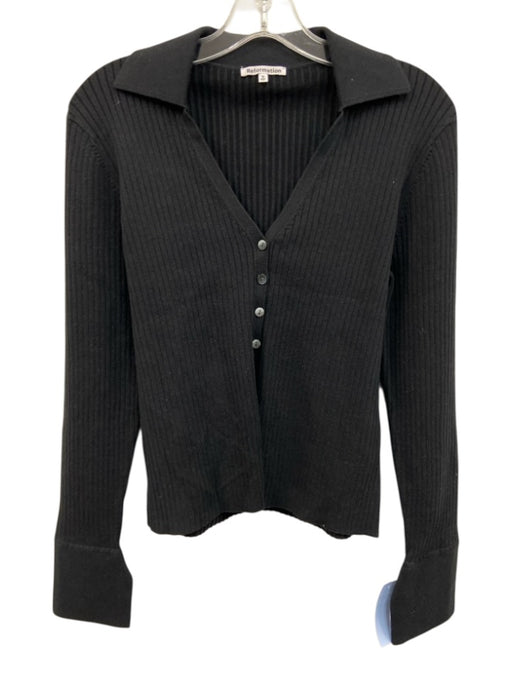 Reformation Size M Black Cotton Blend Ribbed Knit Collared V Neck Sweater Black / M