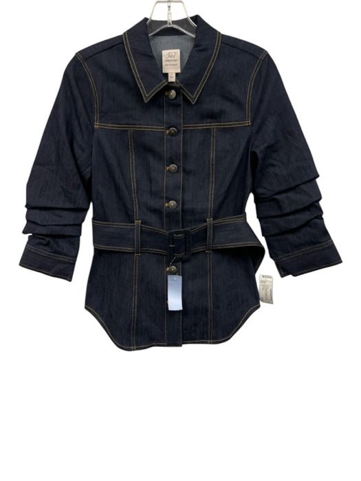 Cinq a Sept Size 2 Dark Wash Cotton Blend Denim Scrunch Sleeve Paneled Jacket Dark Wash / 2