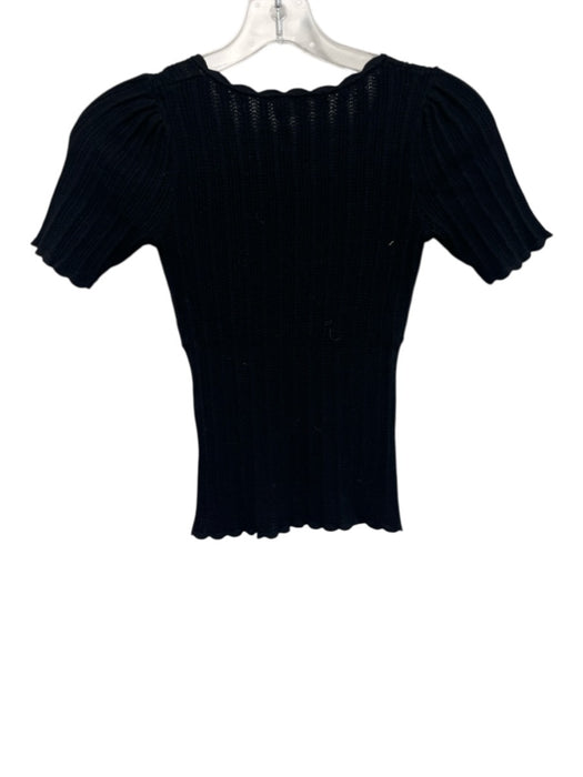 Sezane Size S Black Viscose Blend Ribbed Knit Short Sleeve V Neck Top Black / S