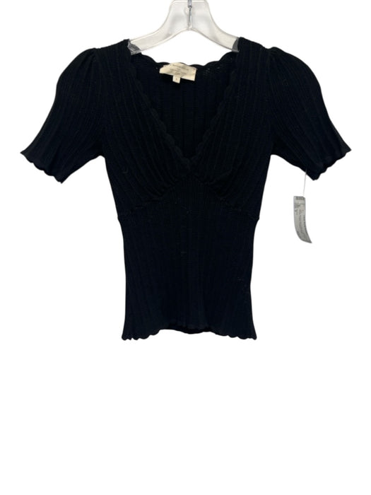Sezane Size S Black Viscose Blend Ribbed Knit Short Sleeve V Neck Top Black / S