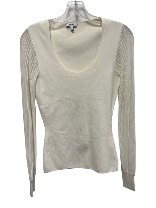 Reiss Size XS Cream White Viscose Blend Ribbed Knit Long Sleeve U Neck Top Cream White / XS