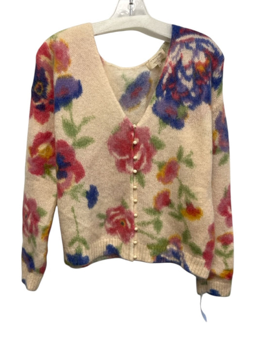 Sezane Size XS Cream & Multi Mohair Blend Knit Floral Button Front Sweater Cream & Multi / XS