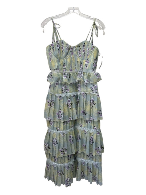 Self Portrait Size 4 Green, Blue, Purple Polyester Lace Trim Floral Midi Dress Green, Blue, Purple / 4