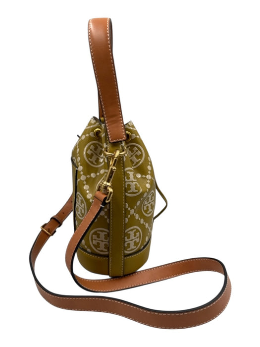 Tory Burch Chartreuse, Brown & White Leather Monogram Drawstring Top Bucket Bag Chartreuse, Brown & White