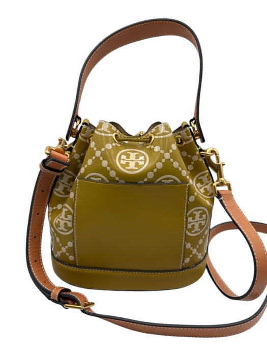 Tory Burch Chartreuse, Brown & White Leather Monogram Drawstring Top Bucket Bag Chartreuse, Brown & White