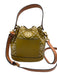 Tory Burch Chartreuse, Brown & White Leather Monogram Drawstring Top Bucket Bag Chartreuse, Brown & White