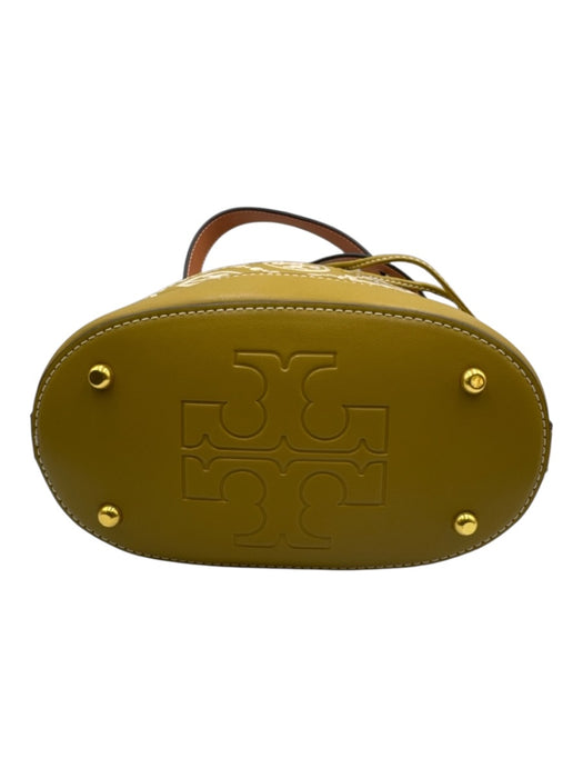 Tory Burch Chartreuse, Brown & White Leather Monogram Drawstring Top Bucket Bag Chartreuse, Brown & White