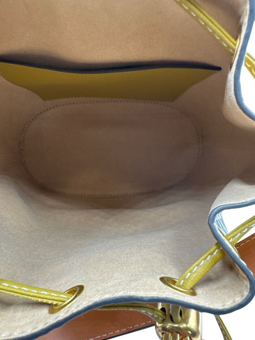 Tory Burch Chartreuse, Brown & White Leather Monogram Drawstring Top Bucket Bag Chartreuse, Brown & White