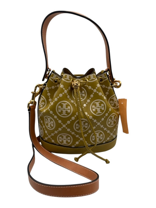 Tory Burch Chartreuse, Brown & White Leather Monogram Drawstring Top Bucket Bag Chartreuse, Brown & White