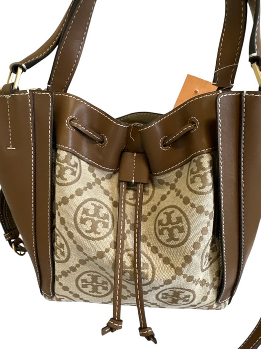Tory Burch Brown & Beige Leather & Canvas Monogram Drawstring Top Bucket Bag Brown & Beige