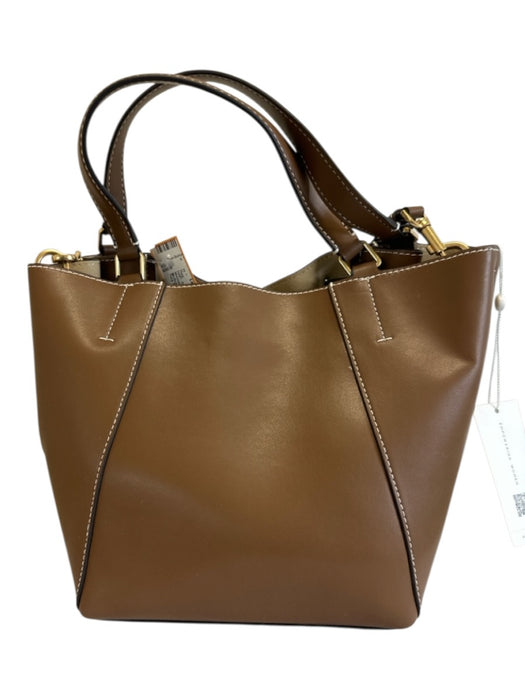 Tory Burch Brown & Beige Leather & Canvas Monogram Drawstring Top Bucket Bag Brown & Beige