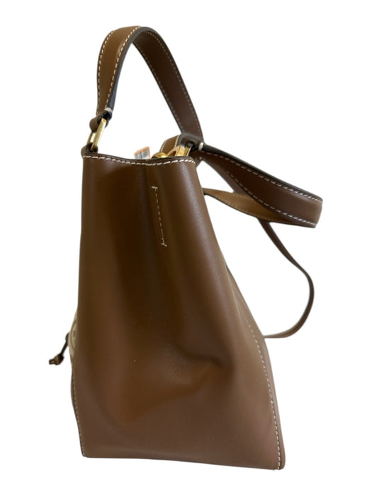 Tory Burch Brown & Beige Leather & Canvas Monogram Drawstring Top Bucket Bag Brown & Beige
