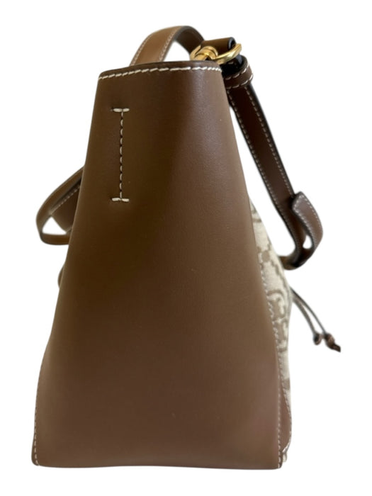 Tory Burch Brown & Beige Leather & Canvas Monogram Drawstring Top Bucket Bag Brown & Beige