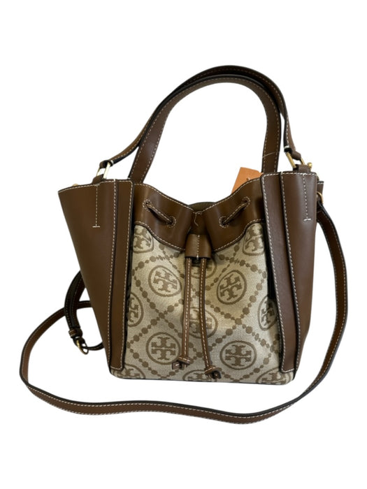 Tory Burch Brown & Beige Leather & Canvas Monogram Drawstring Top Bucket Bag Brown & Beige