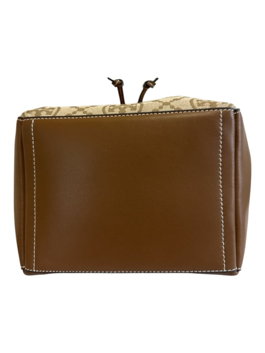 Tory Burch Brown & Beige Leather & Canvas Monogram Drawstring Top Bucket Bag Brown & Beige