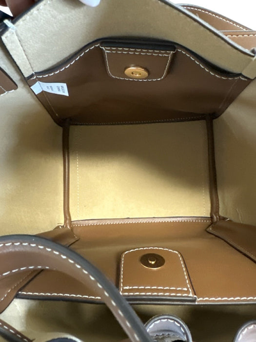 Tory Burch Brown & Beige Leather & Canvas Monogram Drawstring Top Bucket Bag Brown & Beige