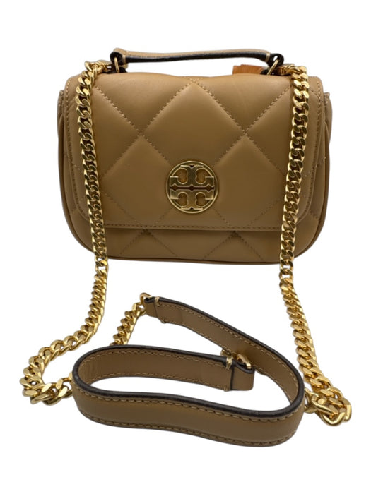 Tory Burch Beige Leather Quilted Flap Logo Detail Shoulder Bag Beige / Mini