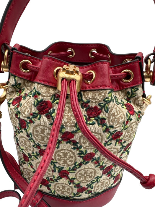 Tory Burch Beige, Red & Green Leather & Canvas Monogram Embroidered Floral Bag Beige, Red & Green / Mini