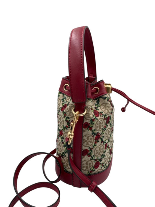 Tory Burch Beige, Red & Green Leather & Canvas Monogram Embroidered Floral Bag Beige, Red & Green / Mini
