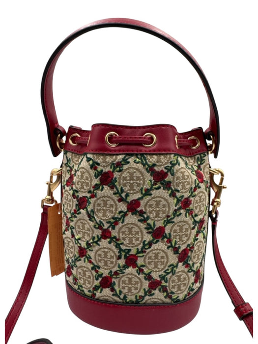 Tory Burch Beige, Red & Green Leather & Canvas Monogram Embroidered Floral Bag Beige, Red & Green / Mini