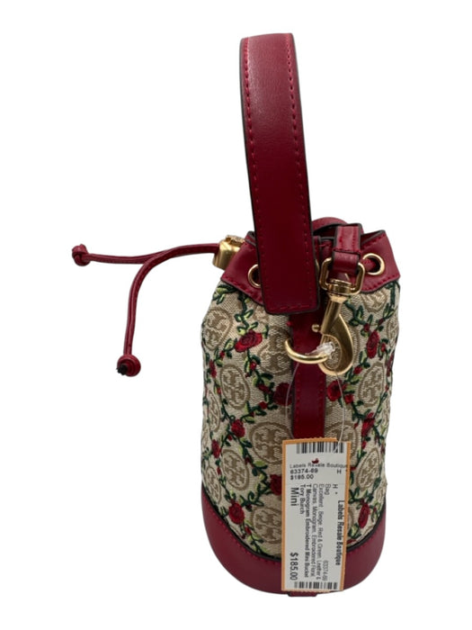 Tory Burch Beige, Red & Green Leather & Canvas Monogram Embroidered Floral Bag Beige, Red & Green / Mini