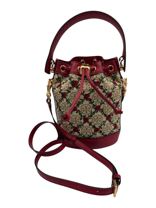 Tory Burch Beige, Red & Green Leather & Canvas Monogram Embroidered Floral Bag Beige, Red & Green / Mini