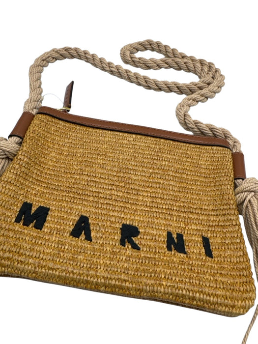 Marni Brown, Beige & Black Print Straw Woven Rope Strap Zip Top Shoulder Bag Brown, Beige & Black Print