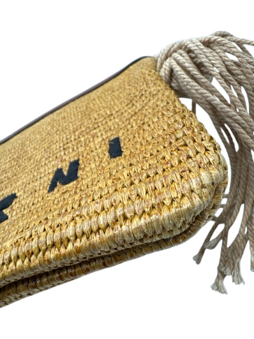 Marni Brown, Beige & Black Print Straw Woven Rope Strap Zip Top Shoulder Bag Brown, Beige & Black Print