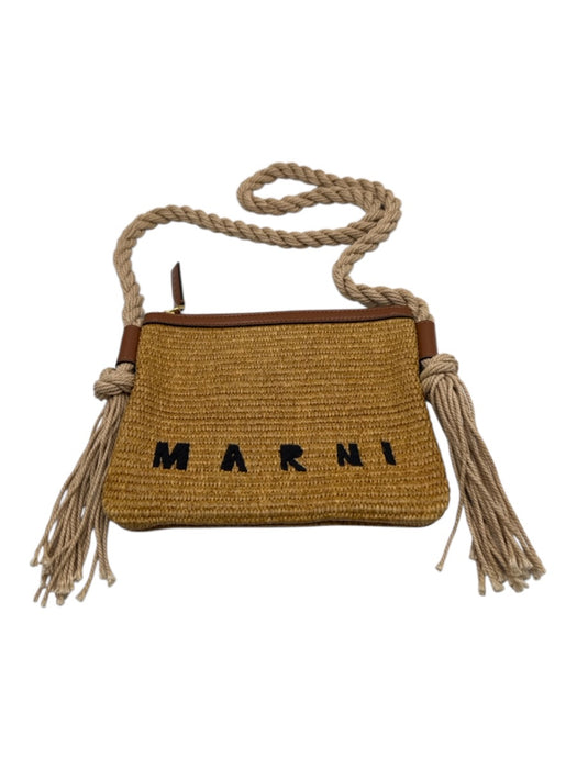 Marni Brown, Beige & Black Print Straw Woven Rope Strap Zip Top Shoulder Bag Brown, Beige & Black Print