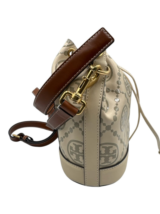 Tory Burch Cream, Gray & Brown Leather Monogram Drawstring Top Bucket Bag Cream, Gray & Brown