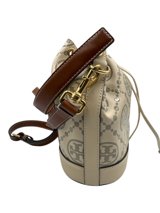 Tory Burch Cream, Gray & Brown Leather Monogram Drawstring Top Bucket Bag Cream, Gray & Brown