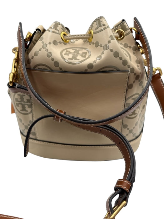 Tory Burch Cream, Gray & Brown Leather Monogram Drawstring Top Bucket Bag Cream, Gray & Brown