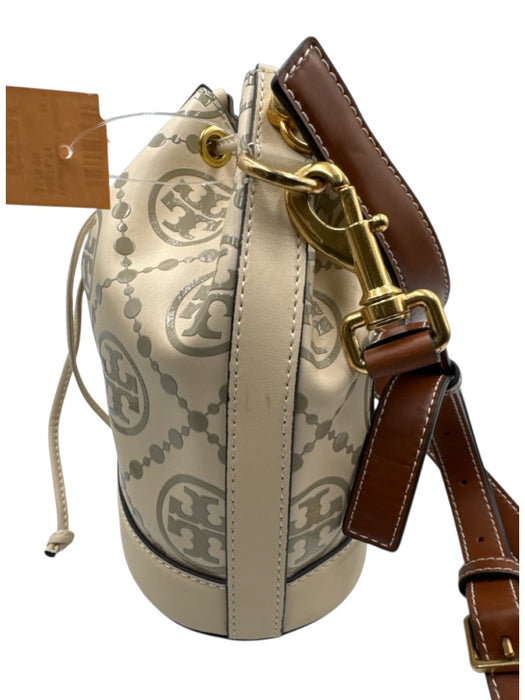 Tory Burch Cream, Gray & Brown Leather Monogram Drawstring Top Bucket Bag Cream, Gray & Brown